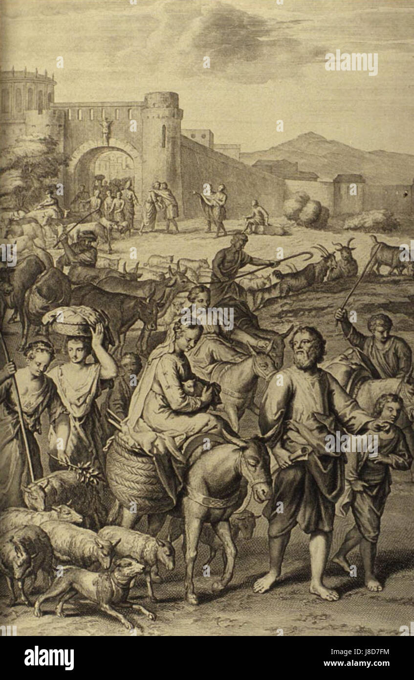 Diese Darstellung zeigt die biblische Geschichte von Abram und Lot, die Haran verlassen haben, wie im Buch Genesis beschrieben. Sie spiegelt den Beginn der Reise Abramâ in das Gelobte Land wider. Stockfoto