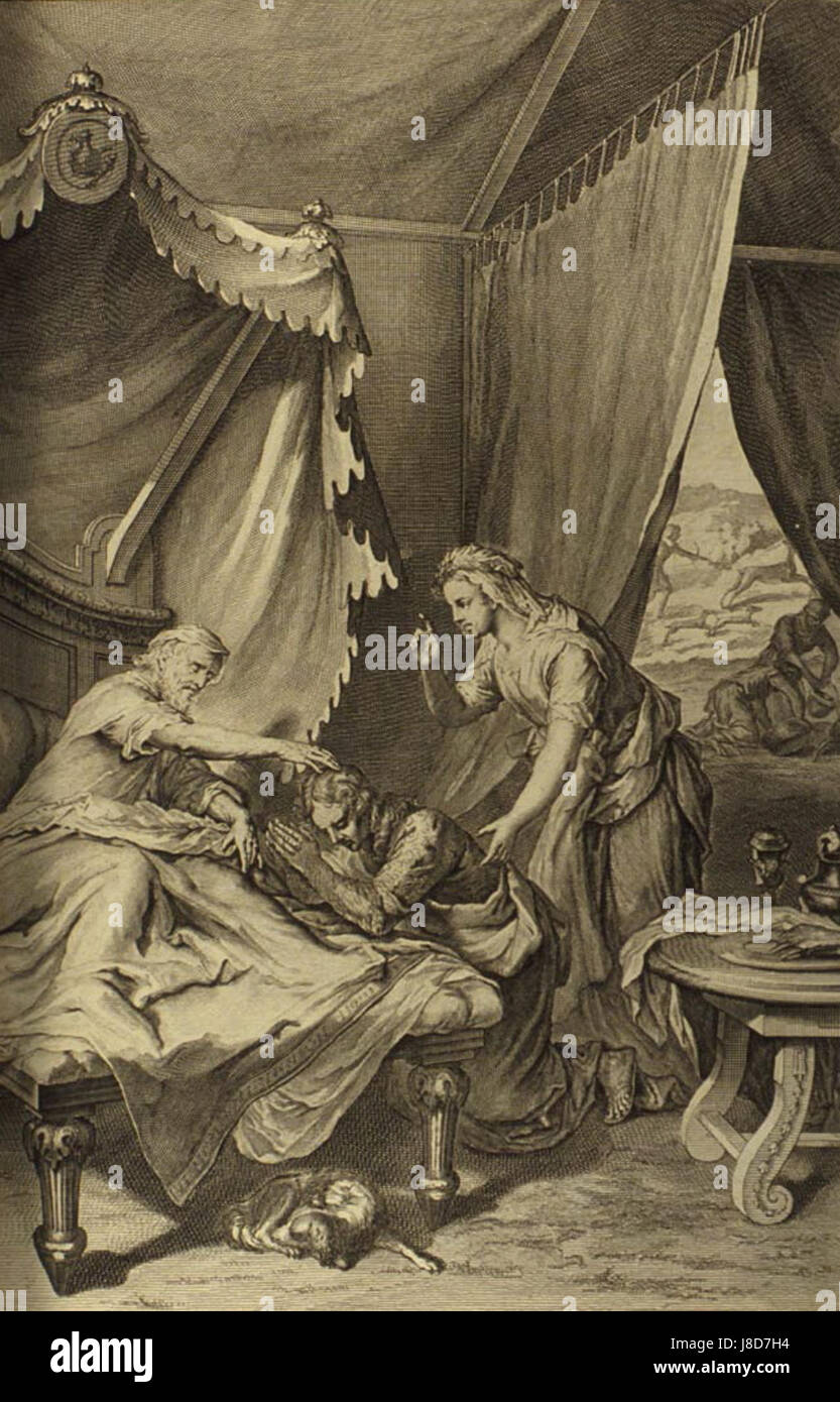 Ein religiöses Kunstwerk, das die biblische Szene darstellt, in der Isaak seinen Sohn Jakob segnet. Dieses Werk veranschaulicht einen bedeutenden Moment aus dem Buch Genesis, der sich auf die Themen Familie, Segen und Erbschaft konzentriert. Stockfoto