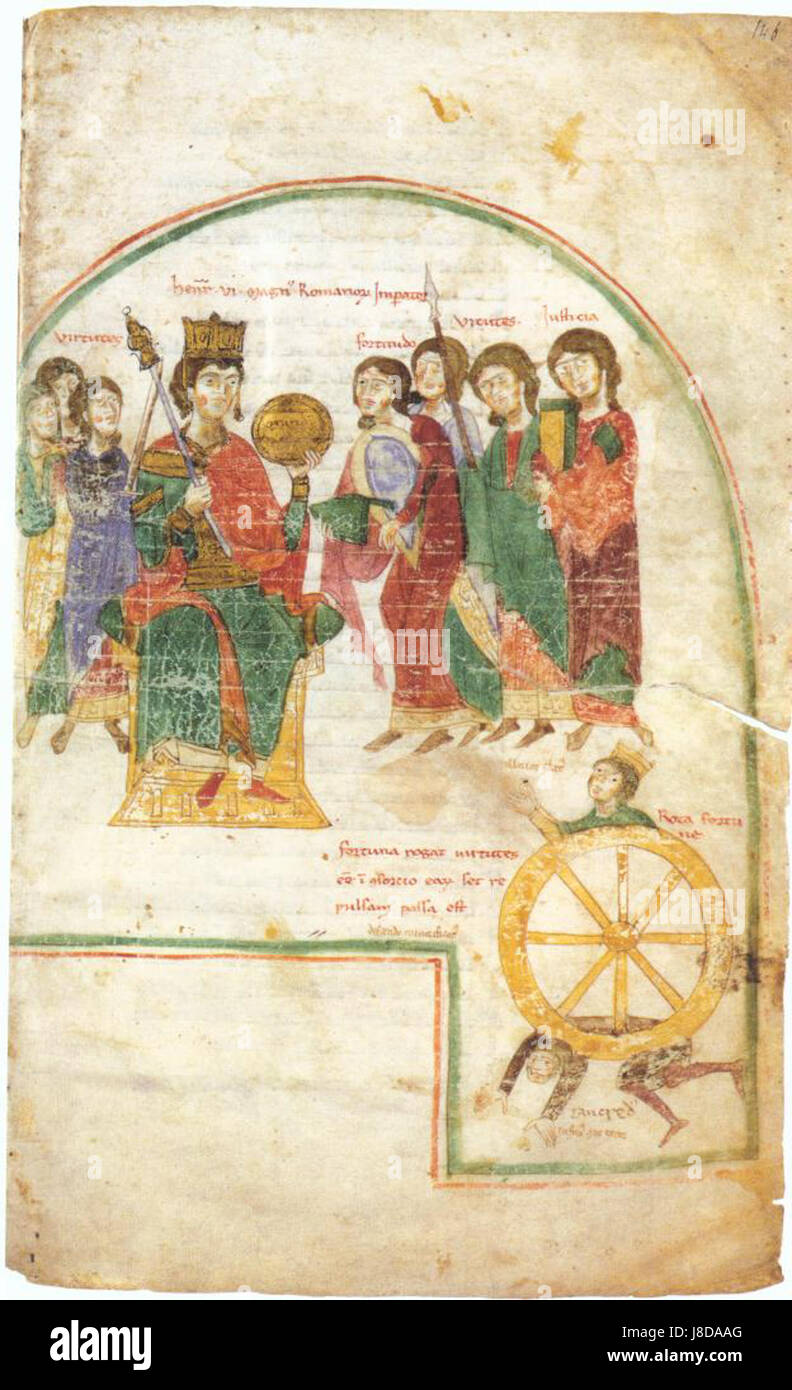 Dieses Kunstwerk zeigt Heinrich VI., der auf einem Thron sitzt, umgeben von den sieben Tugenden, und betont die Verbindung zwischen Führung und moralischen Werten im Mittelalter. Stockfoto