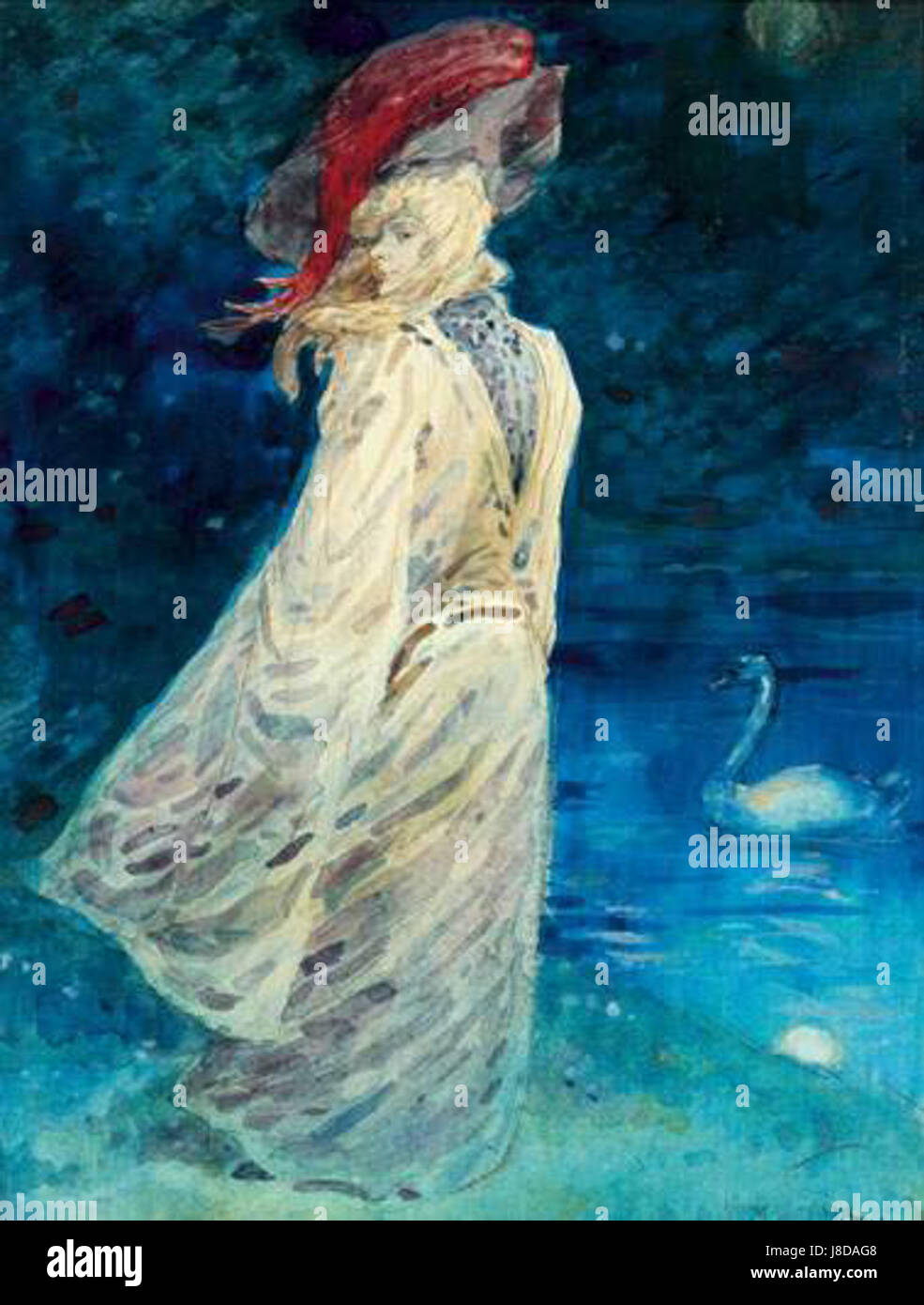 Dieses zwischen 1844 und 1907 entstandene Kunstwerk von Henry Somm zeigt eine elegante Darstellung eines Schwans und veranschaulicht Somms Meisterschaft in der Erfassung natürlicher Schönheit und Anmut in seinem Kunstwerk. Stockfoto