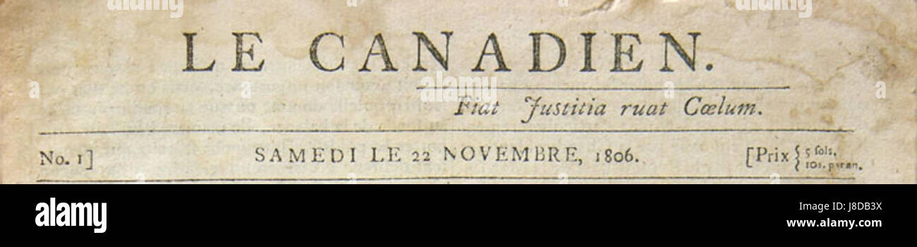 Der Titel von „Le Canadien“ vom 22. November 1806 bietet einen Einblick in die französischsprachige Zeitung des frühen 19. Jahrhunderts in Québec. Die Publikation war entscheidend für die Gestaltung des lokalen Diskurses und der Gemeindeangelegenheiten in der Region. Stockfoto