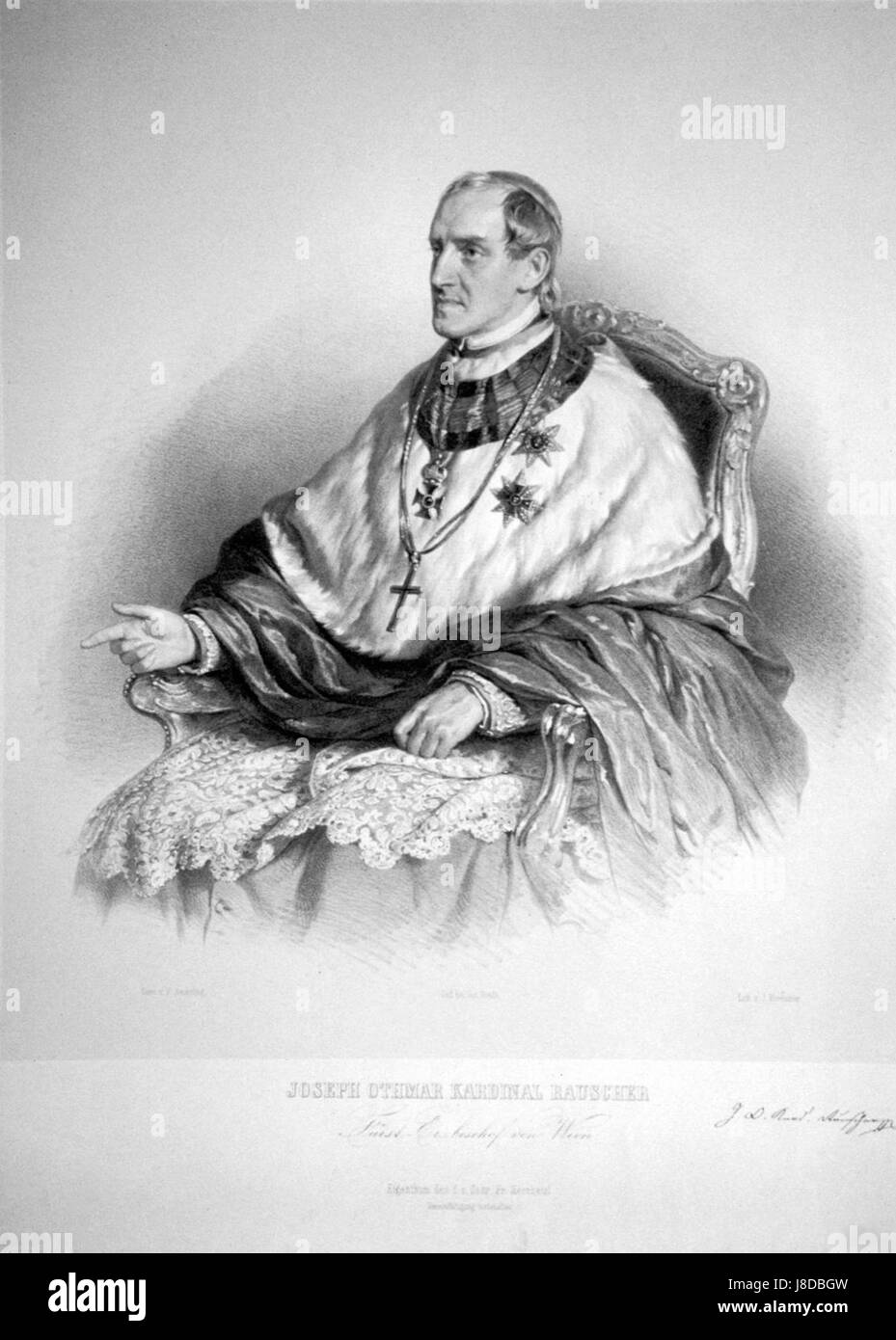 Diese Lithografie von Josef Othmar Rauscher ist eine Darstellung seines künstlerischen Stils. Rauscher war bekannt für seine lithographischen Werke, die oft historische und religiöse Themen darstellten. Stockfoto