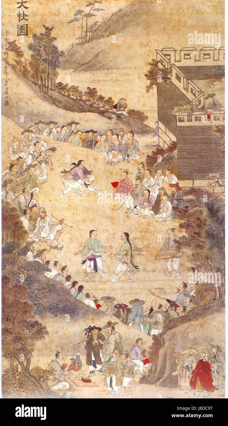 Daekwaedo ist ein traditioneller koreanischer Malstil, der Szenen aus Natur, Landschaft und kulturellen Symbolen darstellt und Schlüsselelemente koreanischer Kunst darstellt. Stockfoto