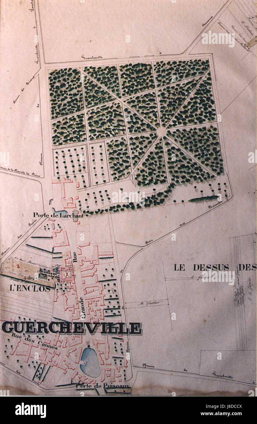Der Guercheville-Plan von 1839 bezieht sich auf ein historisches Dokument oder eine Karte, die möglicherweise bedeutende Land- oder Grundstücksgrenzen, städtische Entwicklung oder architektonische Pläne während dieser Zeit umreißt. Es ist eine wertvolle Ressource, um historische Landnutzungs- oder Siedlungsmuster in der Region zu verstehen. Stockfoto