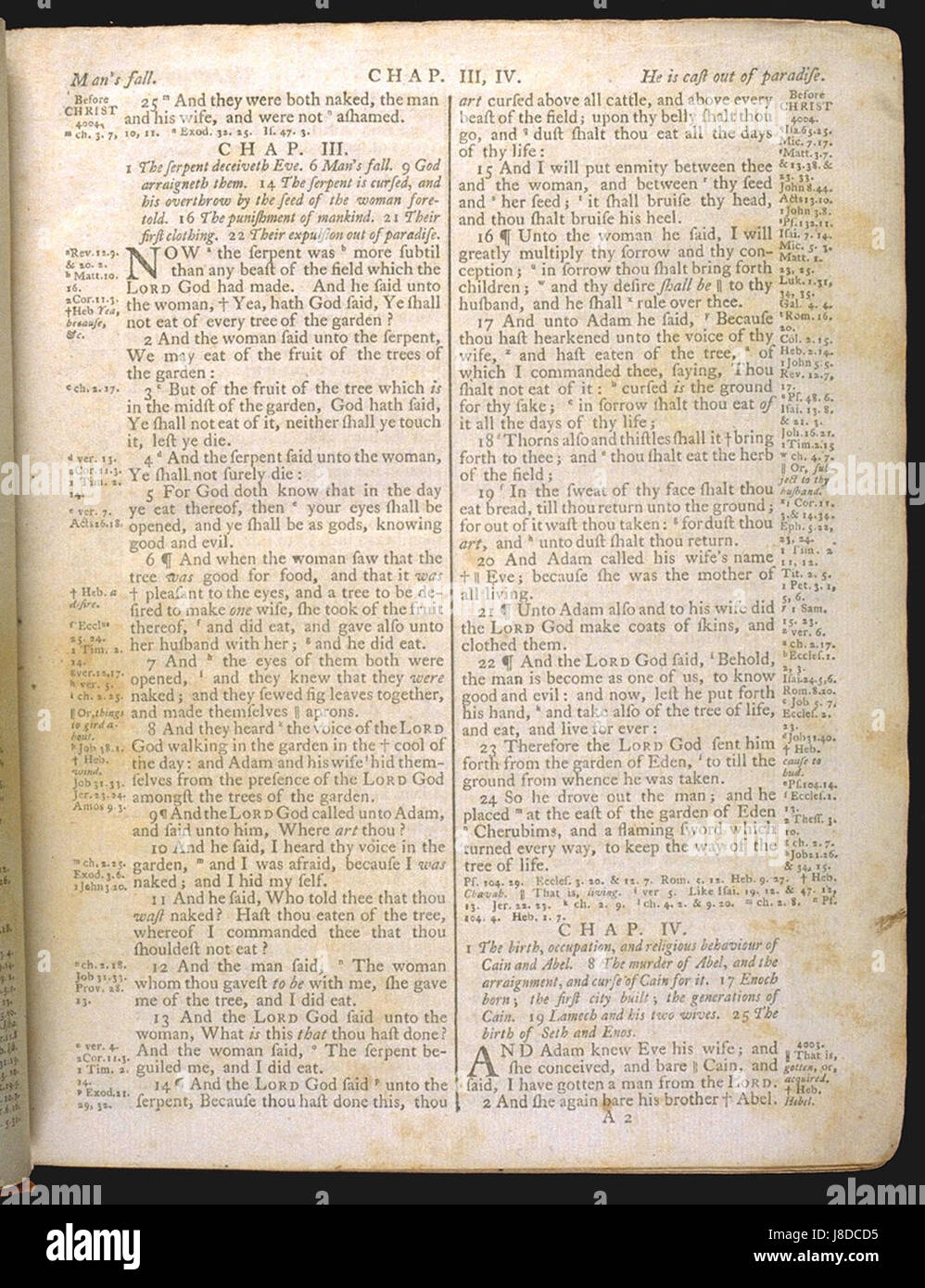 Die 1772 erschienene King James Bible enthält 1. Mose 3:14, einen zentralen Vers der christlichen Tradition, der die Folgen des Falls des Menschen und Gottes Bestrafung der Schlange beschreibt. Stockfoto
