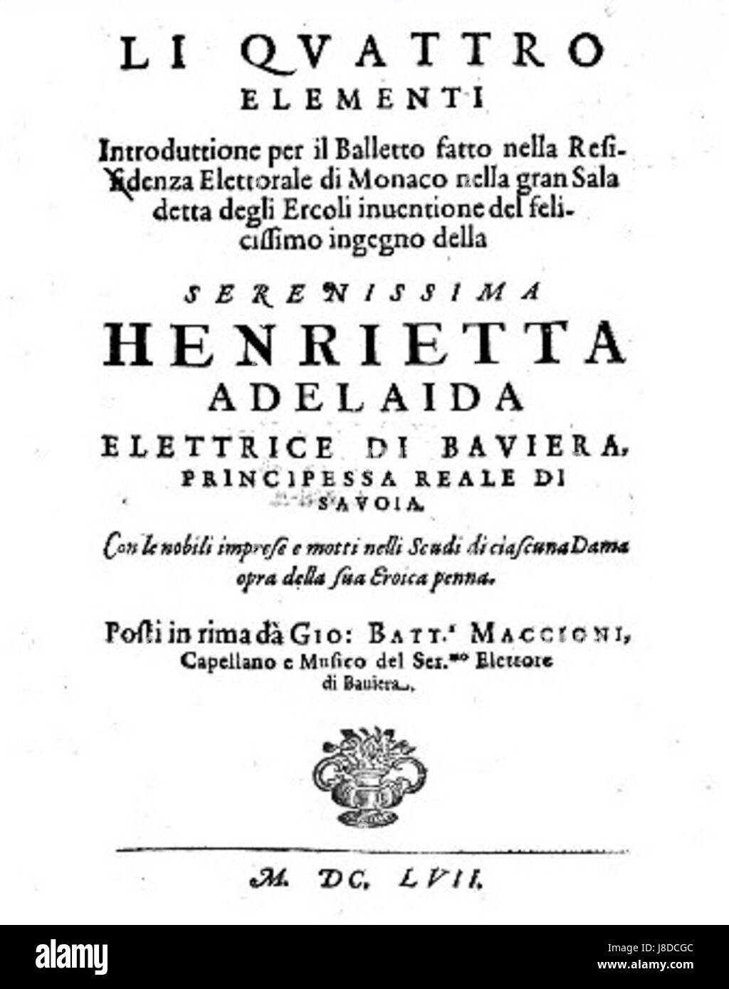 Li Quattro Elementis Libretto von Giovanni Battista Maccioni Stockfoto