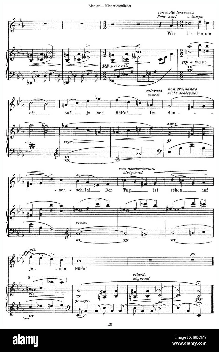 Mahlers Kindertotenlieder ist ein Liederzyklus, der Themen von Trauer und Trauer festlegt. Es spiegelt Mahlers persönliche Trauer nach dem Tod seiner Tochter wider. Stockfoto