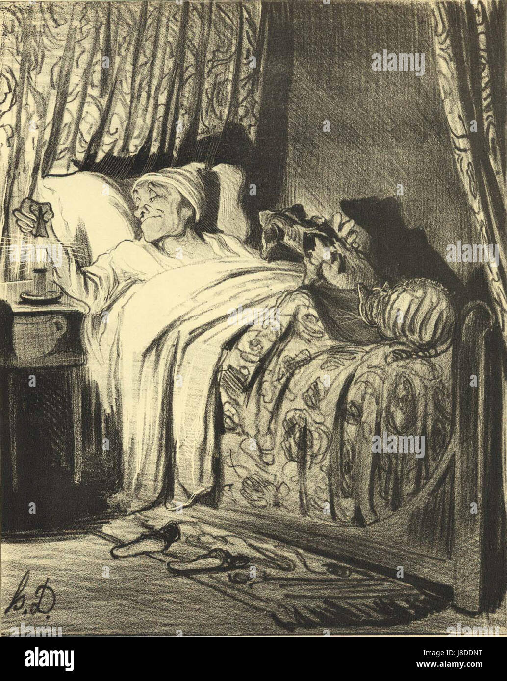 Diese Lithografie, die vom französischen Künstler HonorÃ Daumier geschaffen wurde, ist bekannt für ihre kreideartige Textur und zeigt eine politische oder soziale Szene, die charakteristisch für Daumiers Werke ist, die oft Gesellschaft und Politik kritisierten. Stockfoto