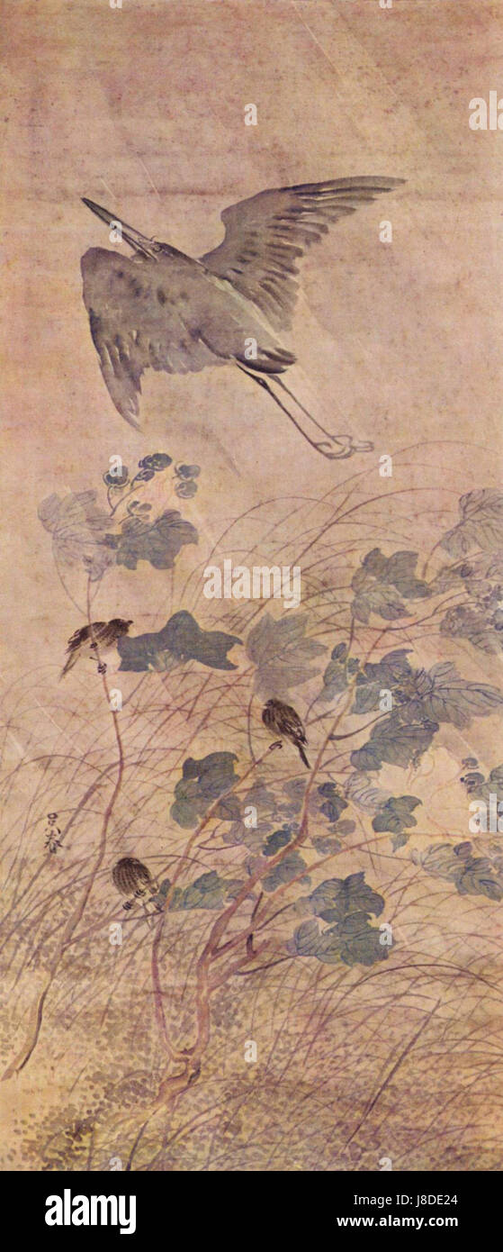 Matsumura Goshun war ein japanischer Maler aus der Edo-Zeit, bekannt für seine Arbeiten im Nanga-Stil. Seine Kunst zeigt chinesische und japanische kulturelle Einflüsse und verschmilzt Landschaften mit wissenschaftlichen Themen. Stockfoto