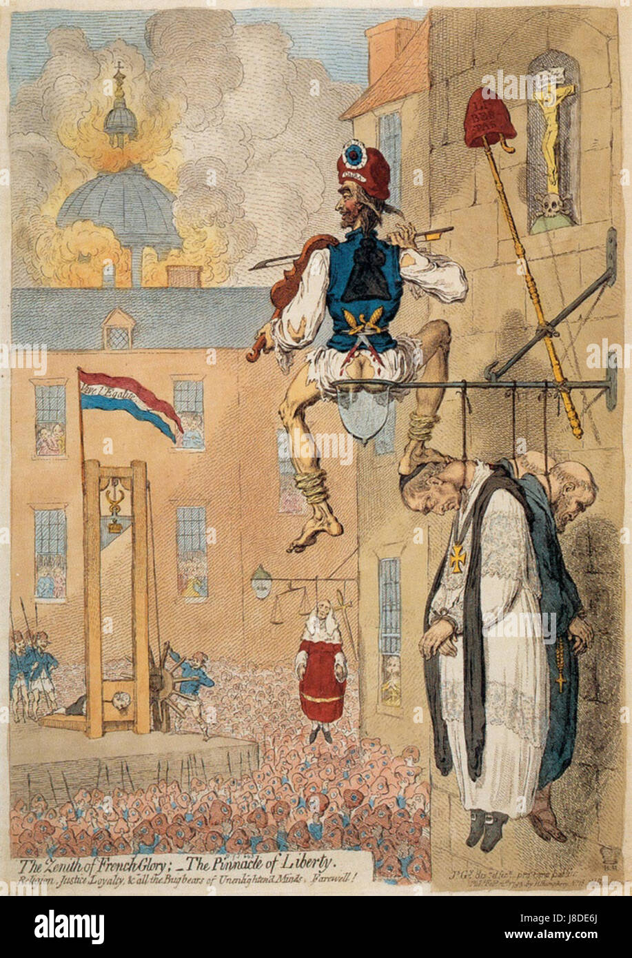 James Gillrays „Pinnacle of Liberty“ ist eine politische Satire, die die Kritik des Künstlers an gesellschaftlichen und politischen Fragen seiner Zeit widerspiegelt. Gillrays Gravuren waren im späten 18. Jahrhundert maßgeblich an der Gestaltung der öffentlichen Meinung beteiligt. Stockfoto