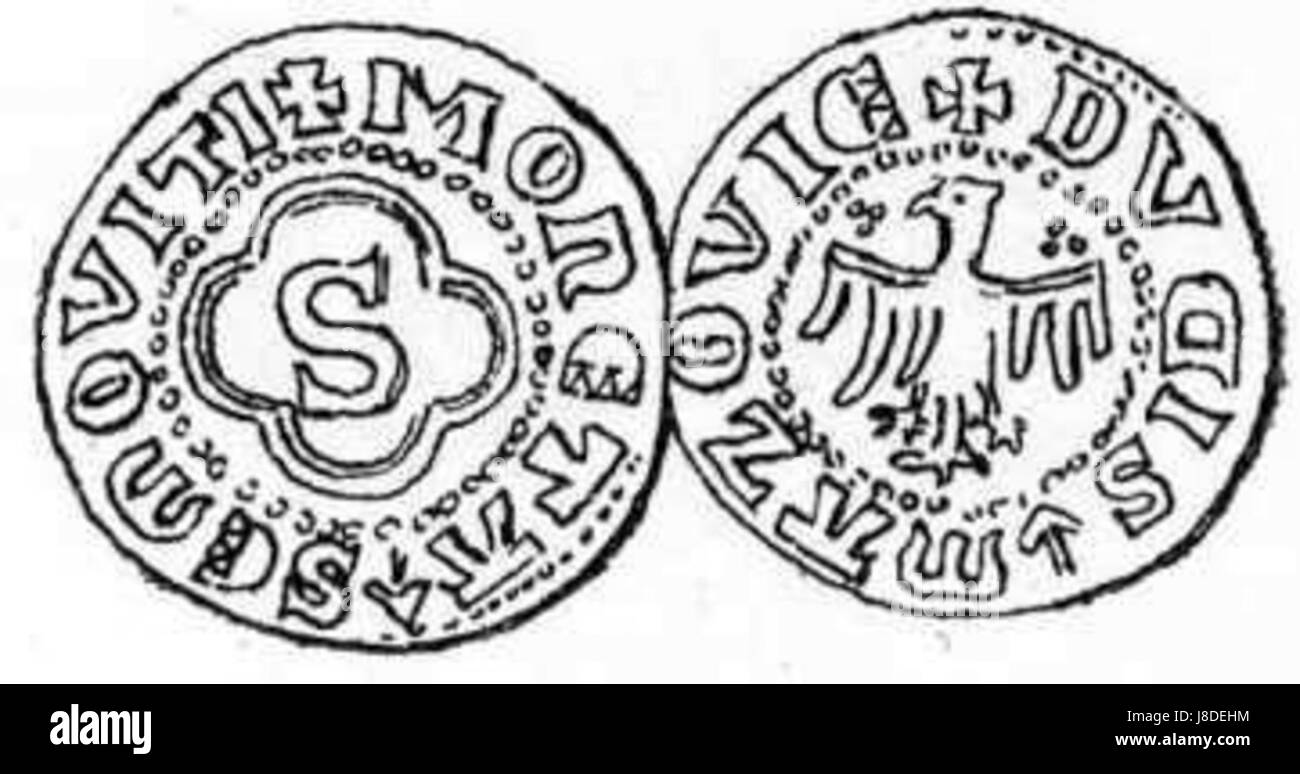 Die Moneta Ziemowita ist eine historische Münze, die mit Prinz Ziemowit von Mazovia in Verbindung gebracht wird. Es stellt ein wichtiges Artefakt aus dem Mittelalter in Polen dar, das die Währungsgeschichte und den königlichen Einfluss der Region unterstreicht. Stockfoto