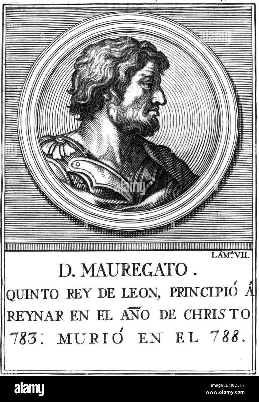 Mauregato, auch bekannt als Mauregatus der Usurper, regierte von 783 bis 789 als König von Asturien. Als illegitimer Sohn Alfons I. eroberte er den Thron nach dem Tod von König Silo, obwohl Silos Witwe Adosinda für die Nachfolge Alfons II. Plädierte. Seine Herrschaft ist bekannt für die legendäre „Tribute der Hundert Jungfrauen“, eine Geschichte, die andeutet, dass er dem Emir von CÃ³rdoba christliche Jungfrauen anbot, obwohl dieser Bericht als spätere Fälschung betrachtet wird. Stockfoto