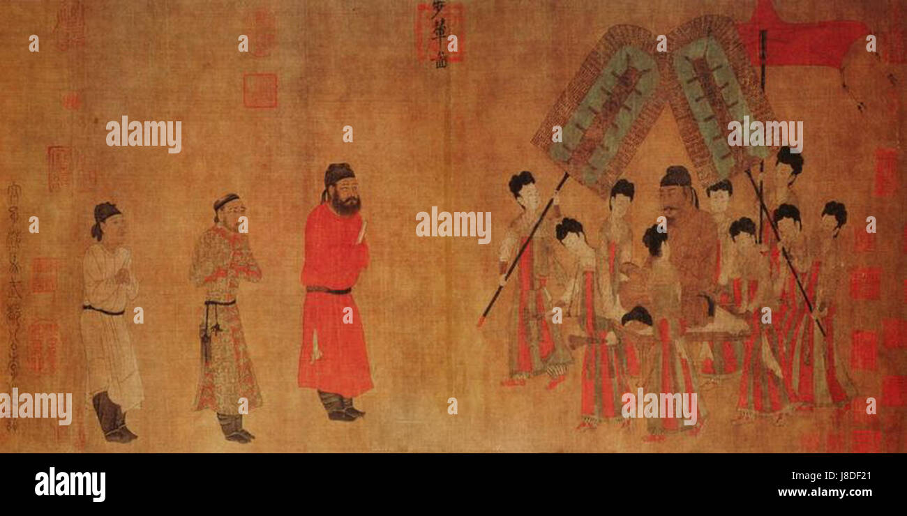 „Kaiser Taizong empfängt den tibetischen Gesandten“ ist ein berühmtes chinesisches historisches Gemälde (Bunian Tu), das die Begegnung von Kaiser Taizong mit einem tibetischen Gesandten darstellt. Dieser Moment in der Tang-Dynastie repräsentiert diplomatischen Austausch und die Ausweitung des chinesischen Einflusses. Stockfoto