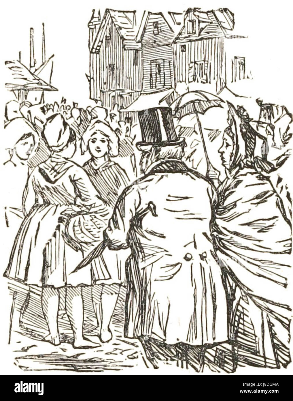 „Mr. Caudle bewundert die Fischfrauen“ ist ein Titel aus einer viktorianischen Illustration, die Mr. Caudle, eine Figur, die für seine Faszination für Frauen bekannt ist, vor einem humorvollen oder satirischen Hintergrund darstellt. Stockfoto