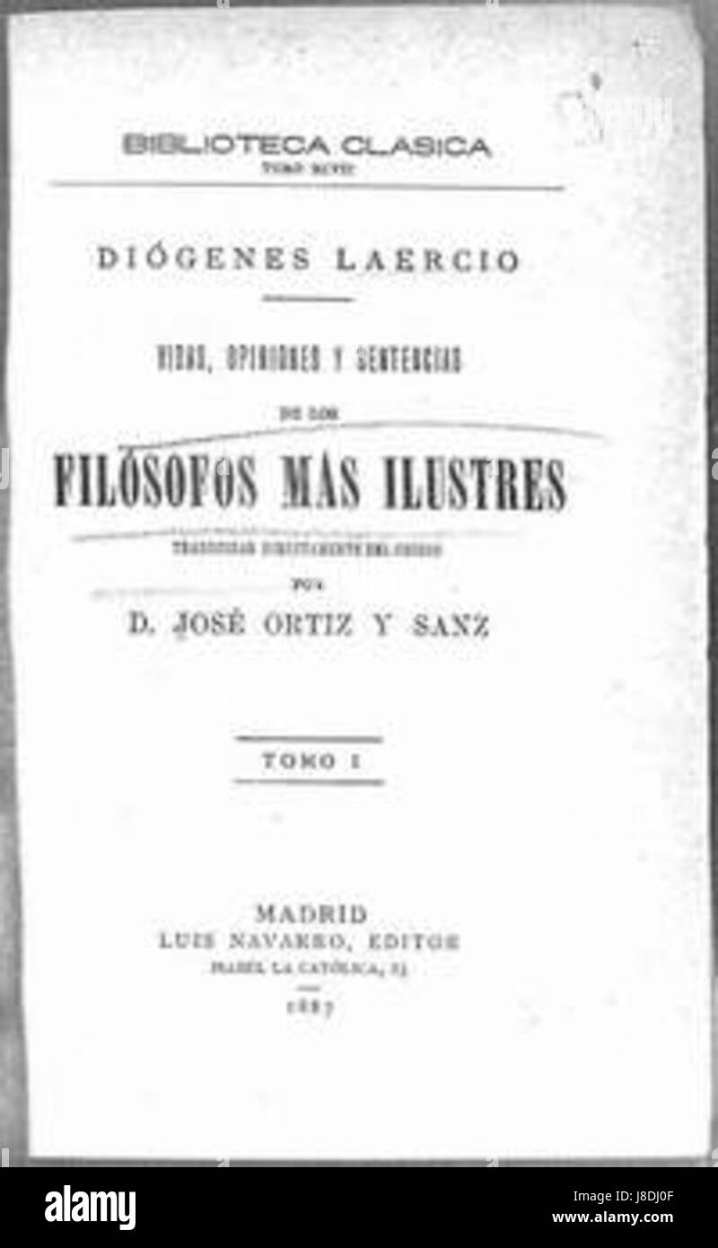 Ein Werk des Philosophen Diogenes Laertius aus dem Jahr 1792, dessen Schriften wichtige Einblicke in das Leben und die Philosophien der antiken griechischen Philosophen geben. Stockfoto