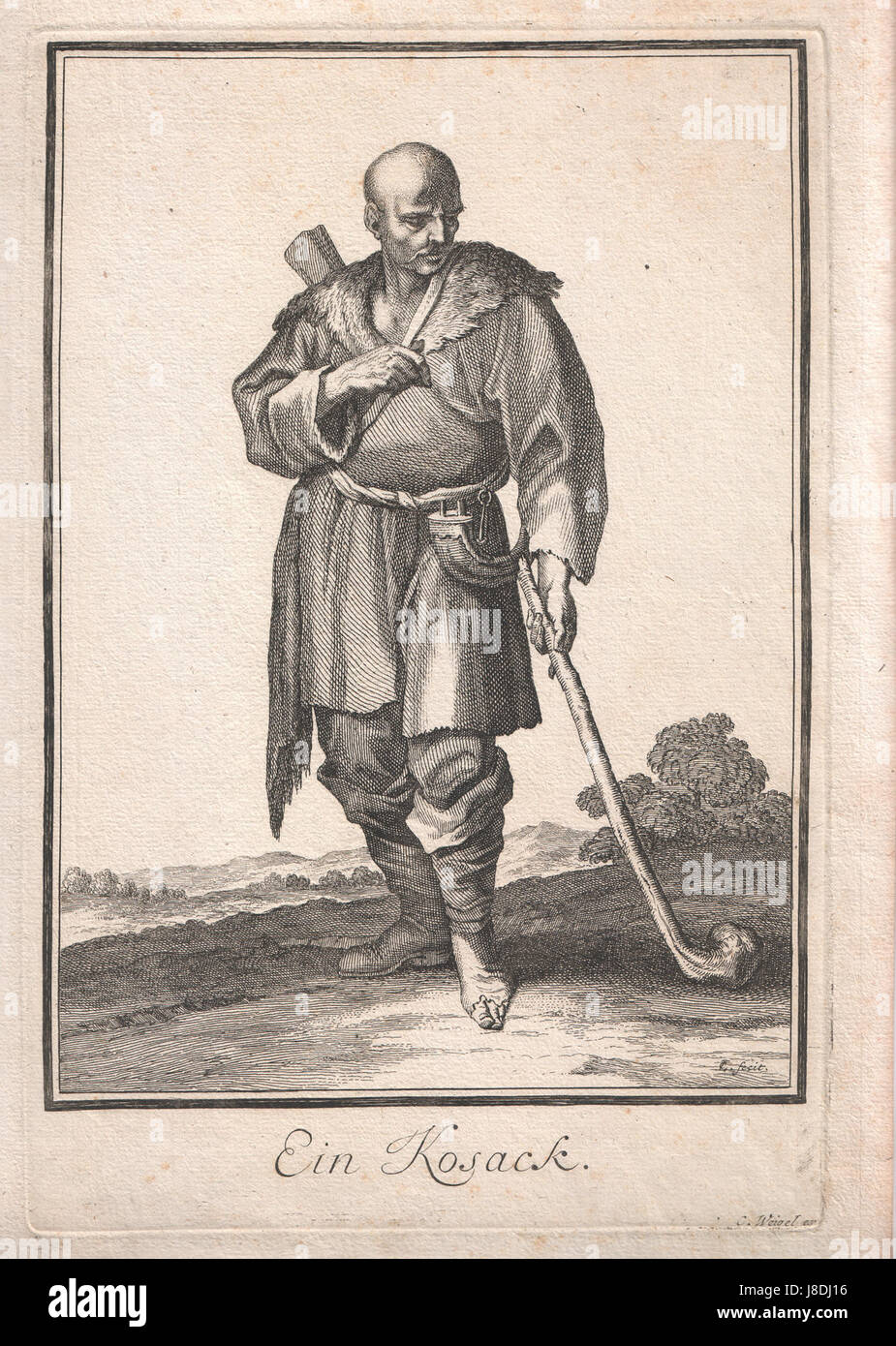 Ein Kosack (ein Kosack) ist ein Werk, das C. fecit zugeschrieben wird und einen Kosakenkrieger darstellt, eine historische Figur, die für ihre besondere militärische Rolle in Osteuropa bekannt ist, insbesondere im 17. Und 18. Jahrhundert. Das Stück zeigt wahrscheinlich den Krieger in voller traditioneller Kleidung und betont seine Rolle in historischen Konflikten. Stockfoto