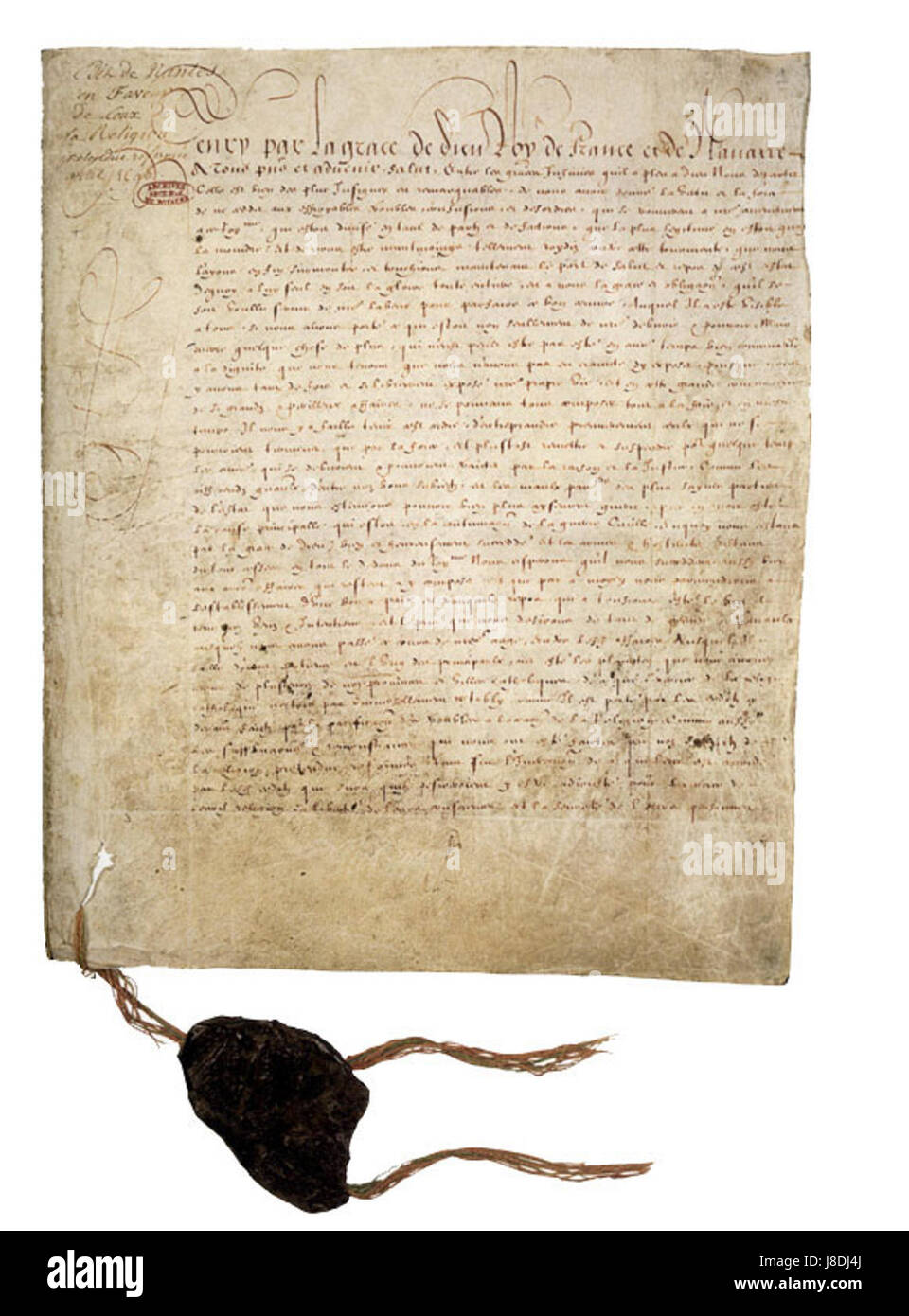 Das Edikt von Nantes, das 1598 erlassen wurde, war ein Dekret König Heinrich IV. Von Frankreich, der den Hugenotten Religionsfreiheit gewährte und damit ein Schlüsselereignis in der französischen Geschichte und im protestantisch-katholischen Konflikt markierte. Stockfoto