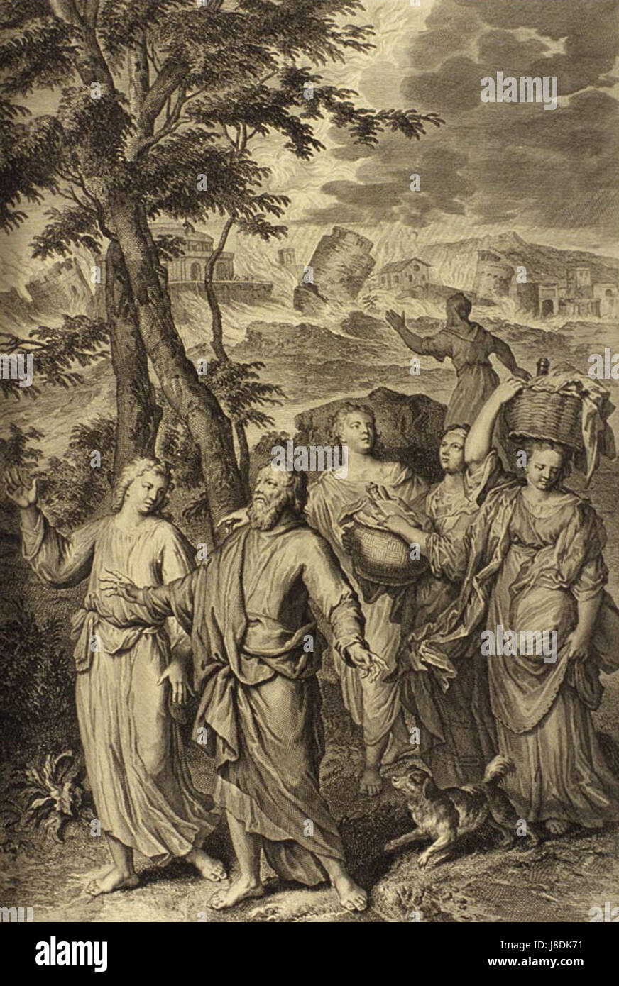Dieses Bild zeigt eine biblische Szene, in der ein Engel Lot und seine Familie aus der Stadt Sodom führt, die dann zerstört wird. Die Szene basiert auf der Geschichte aus dem Buch Genesis in der Bibel, die die göttliche Intervention beim Untergang der Stadt veranschaulicht. Stockfoto
