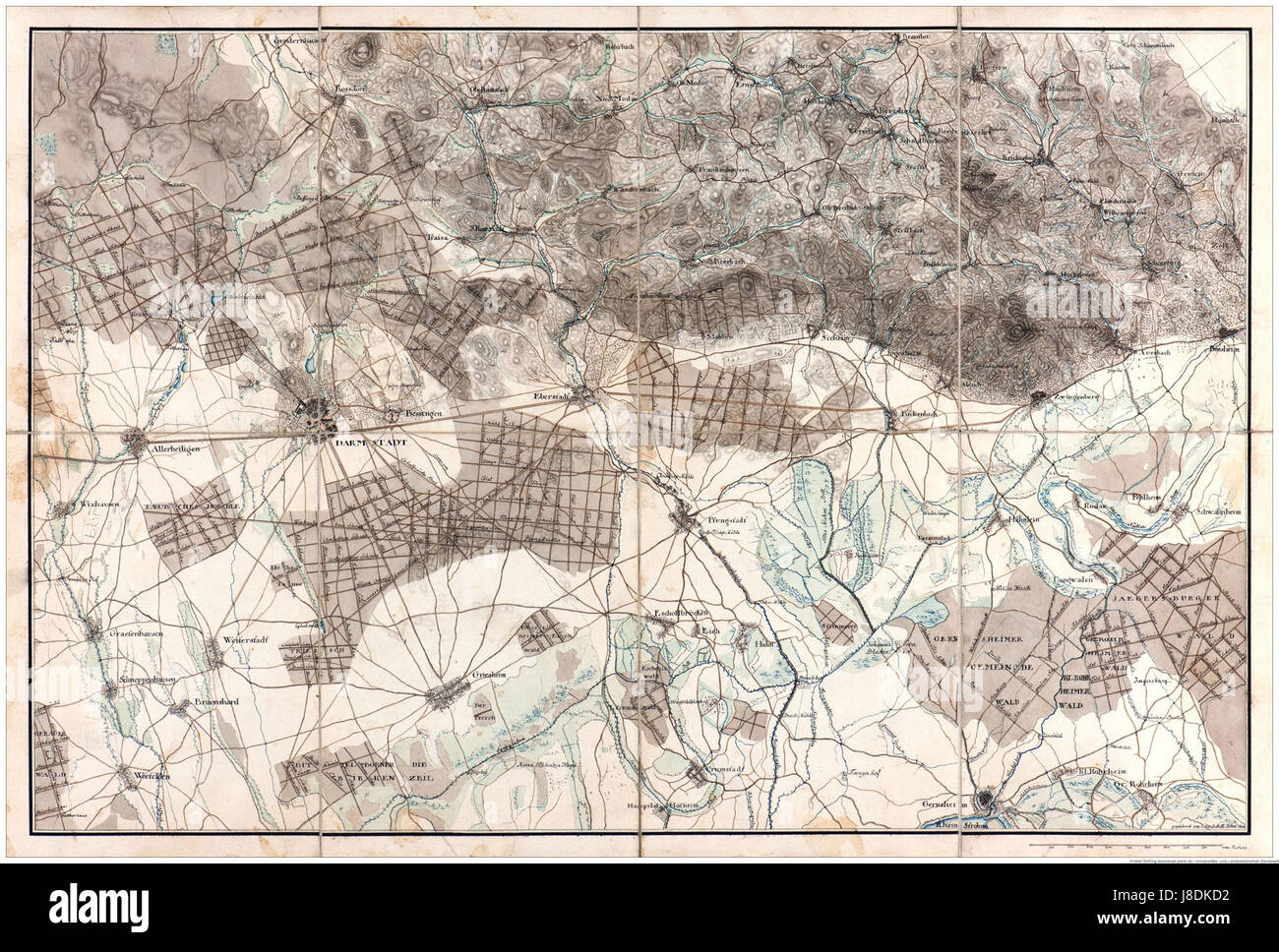 Diese 1802 erstellte Karte zeigt die Umgebung von Darmstadt und gibt Einblicke in die Topographie und territoriale Ausgestaltung der Region während des frühen 19. Jahrhunderts. Stockfoto