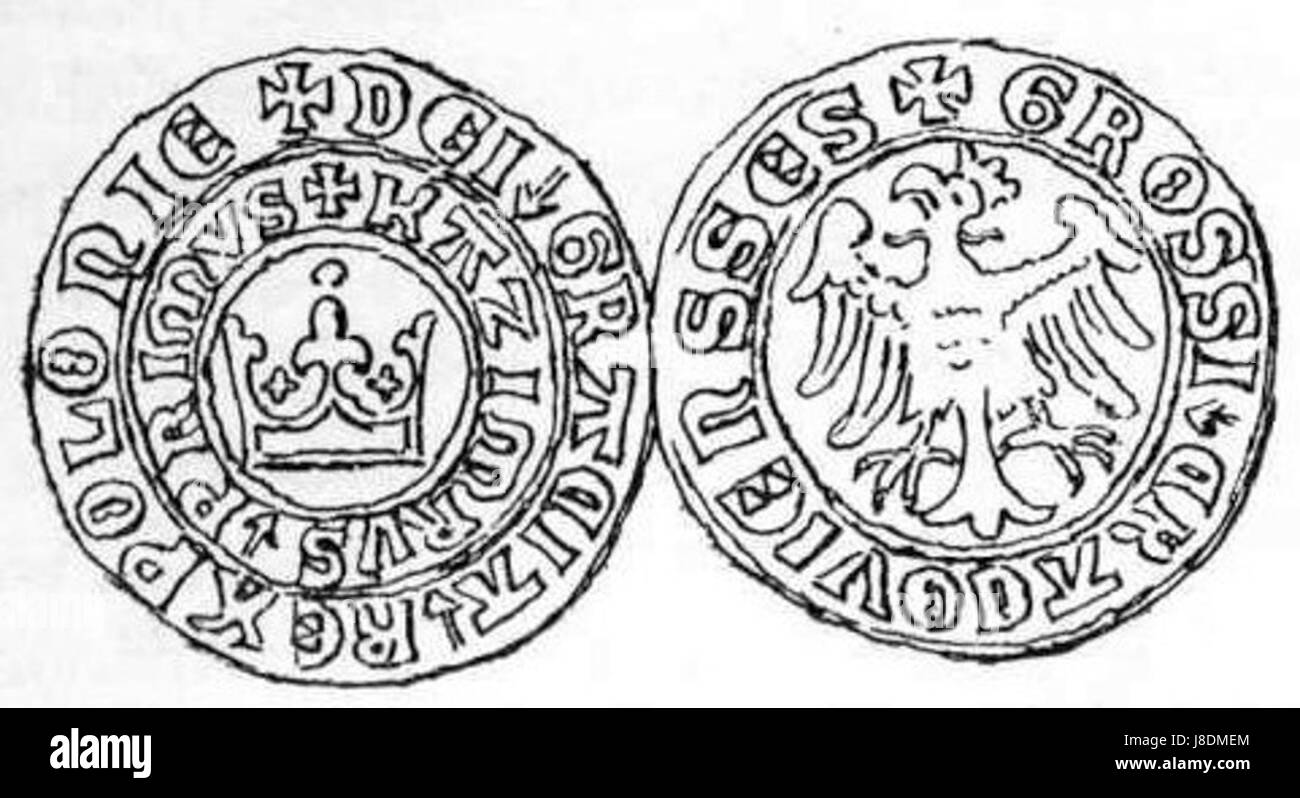 Die Grosz Koronny Kazimierza Wielkiego ist eine historische Münze aus der Regierungszeit von König Kasimir dem Großen von Polen. Es bietet detaillierte Bilder, die die Ära der KingÂ repräsentieren und einen Einblick in die mittelalterliche Geschichte Polens bieten. Stockfoto
