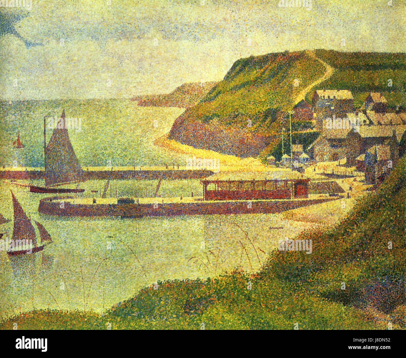 Georges Seurats Arbeit veranschaulicht den pointillistischen Stil, wobei dieses Stück sich auf die sorgfältige Anwendung von Farbpunkten konzentriert, um lebendige Bilder zu erzeugen. Seurat ist bekannt für seine innovativen Maltechniken im Postimpressionismus. Stockfoto