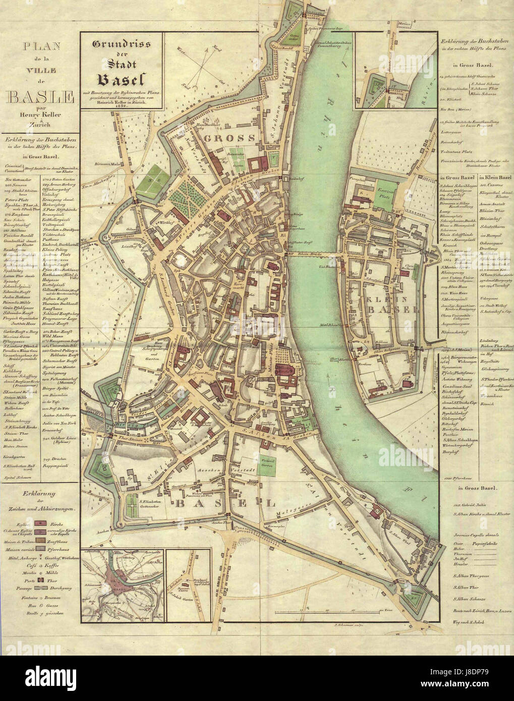 Ein Stadtplan von 1832, erstellt von Heinrich Keller, zeigt das Layout und die Struktur von Basel, Schweiz, während des frühen 19. Jahrhunderts. Stockfoto