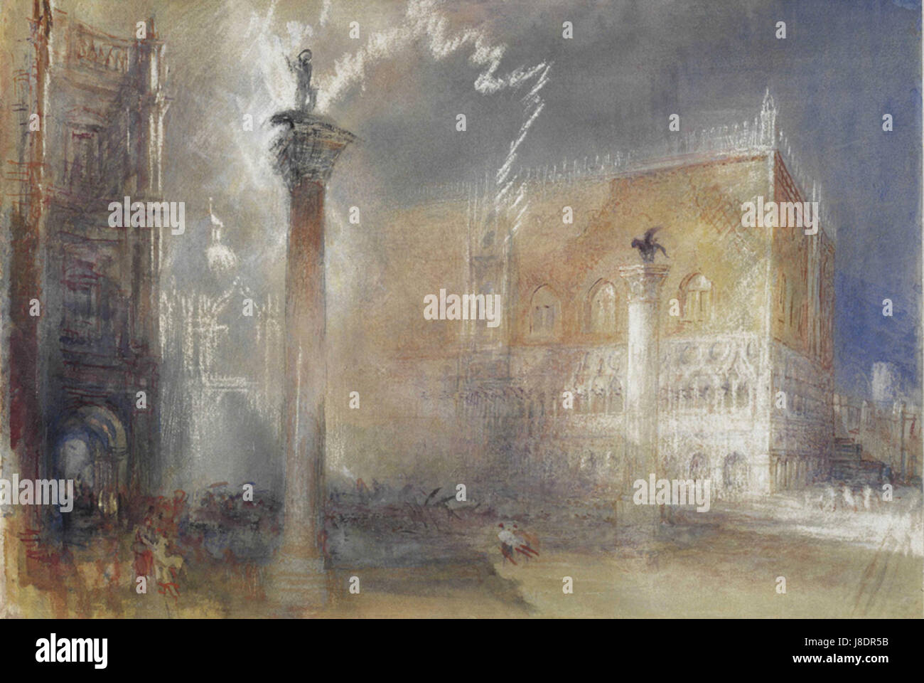 J.M.W. Turners Aquarell „die Piazzetta, Venedig“ aus dem Jahr 1840 fängt den ikonischen Blick auf die Piazzetta in Venedig ein und zeigt seine geschickte Verwendung von Licht und atmosphärischen Effekten in der Malerei. Das Stück spiegelt Turners Faszination für die Architektur und Landschaft Venedigs wider. Stockfoto