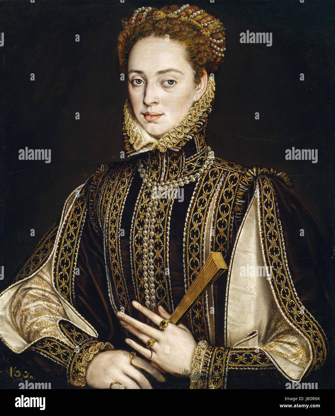 „La dama del abanico“ (die Dame mit dem Fan) bezieht sich auf ein berühmtes spanisches Gemälde von Goya, das eine Frau mit einem Fächer darstellt, ein Symbol für Anmut und Eleganz, das im 18. Jahrhundert gemalt wurde. Stockfoto