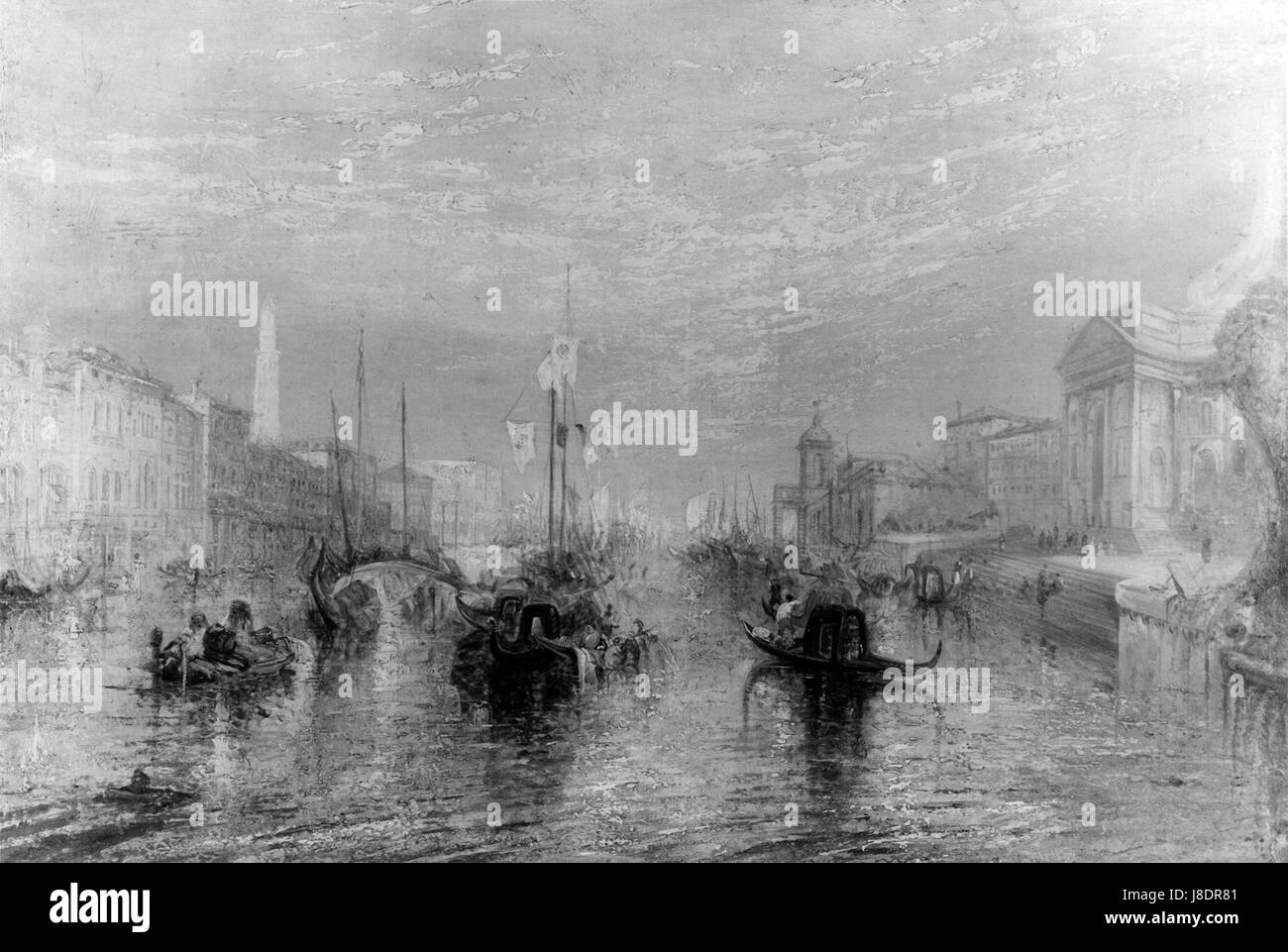 Joseph Mallord William Turners Gemälde „Grand Canal, Venice“ fängt den berühmten venezianischen Wasserweg ein. Dieses Meisterwerk zeigt Turners typische Verwendung von Licht und Farbe. Stockfoto