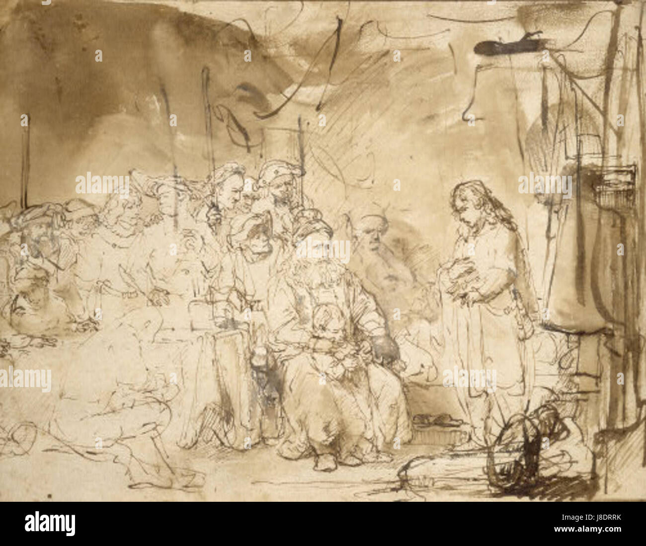 Eine Illustration der biblischen Geschichte von Joseph, der seinen Brüdern seine Träume erzählt. Dieser Moment ist ein Schlüsselereignis auf Josephs Reise, da seine Träume zukünftige Ereignisse in seinem Leben vorausahnen lassen, und ist eine bedeutende Episode im Buch Genesis. Stockfoto