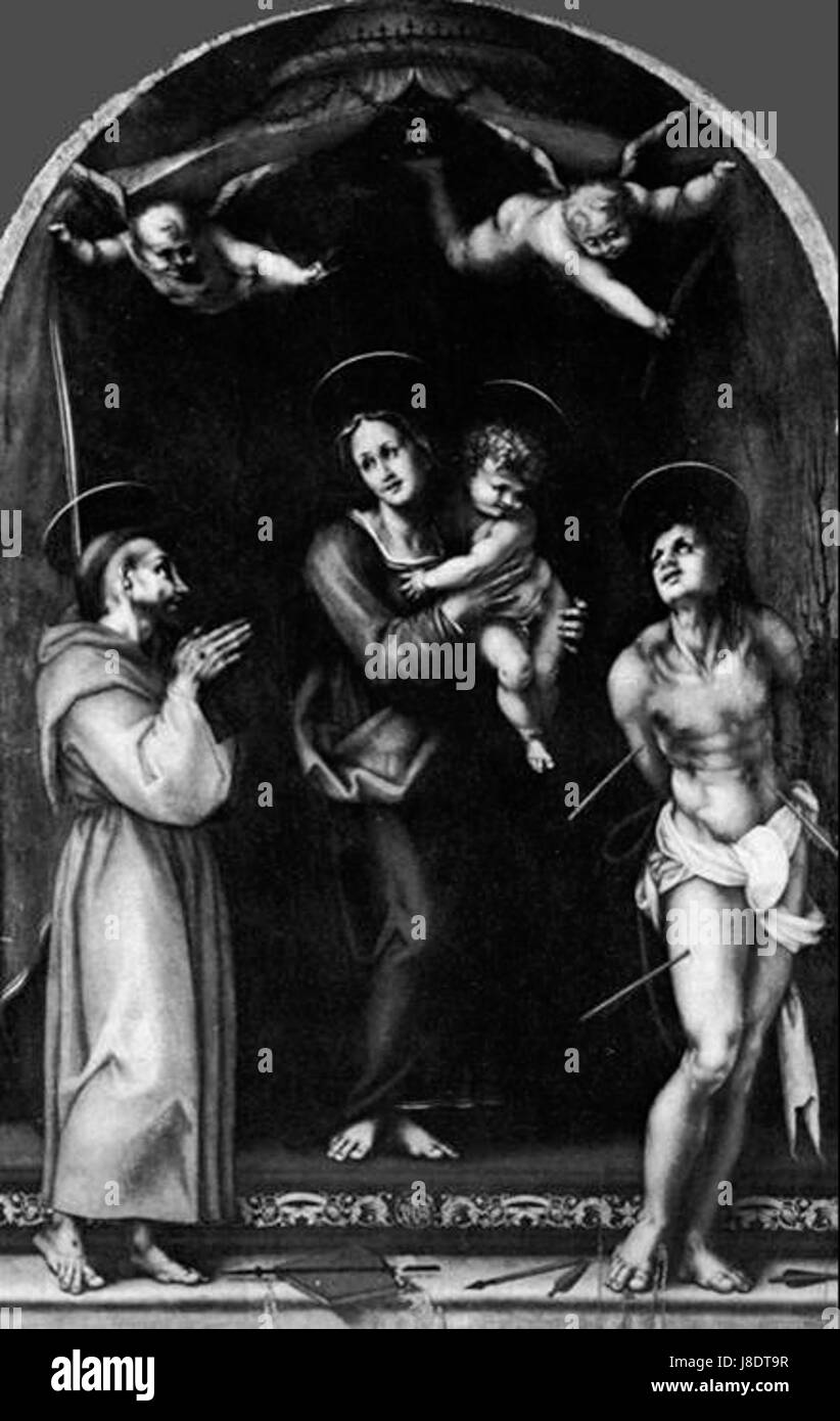 Dieses religiöse Kunstwerk zeigt die Jungfrau Maria mit Jesus, umgeben von den Heiligen Franz und Sebastian. Sie veranschaulicht die Ikonographie katholischer Heiliger und ihre Bedeutung in der christlichen Kunst. Stockfoto