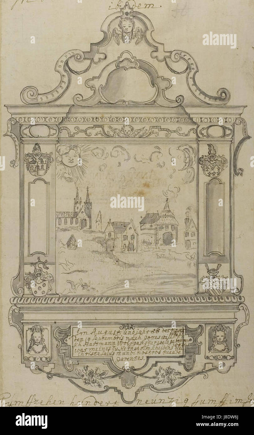 Das Epitaph in der St. Gallus Kirche in Ladenburg erinnert an eine historische Figur, wahrscheinlich ein Mitglied des Geistlichen oder Adels, in dieser Kirche aus dem 16. Jahrhundert. Die Kirche ist bekannt für ihre Artefakte aus dem Mittelalter und der Renaissance und ihre architektonische Bedeutung. Stockfoto