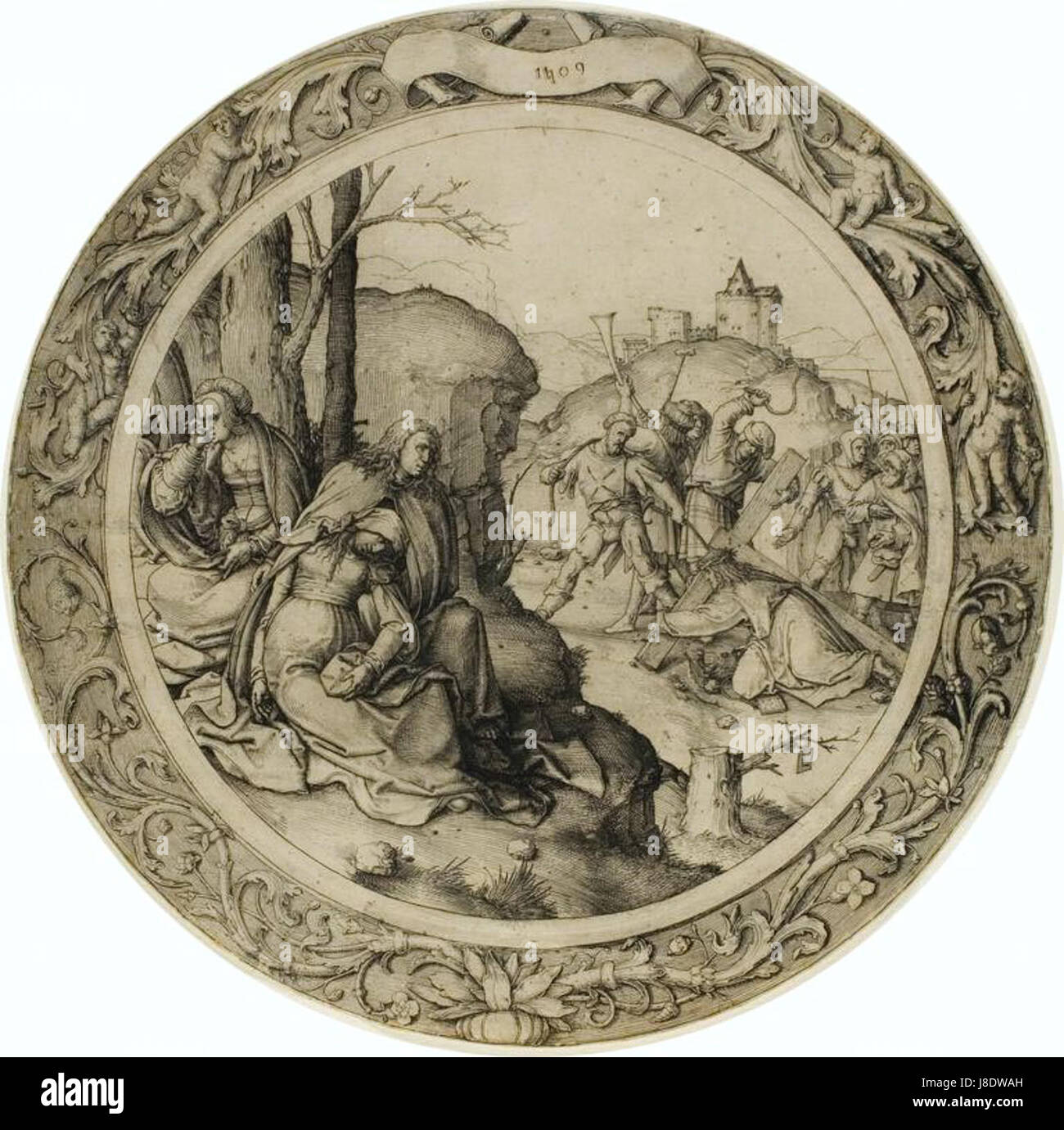 Dieses Kunstwerk von Lucas van Leyden aus dem Jahr 040 repräsentiert seinen Stil in den frühen Phasen seiner Karriere. Van Leydens Werk ist bekannt für seine detaillierten Stiche und die Beherrschung der Lineararbeit und ist ein prominentes Beispiel für Kunst der Nördlichen Renaissance. Stockfoto