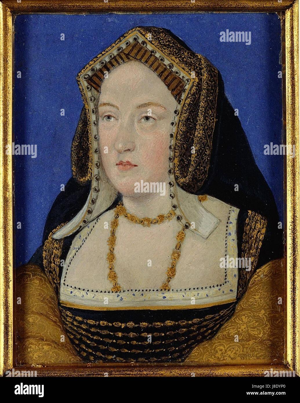 Dieses Miniaturporträt von Katherine von Aragon aus dem 16. Jahrhundert, das vom berühmten Künstler Wenceslaus Hollar erstellt wurde, fängt die Königin von England in einer zarten und detaillierten Darstellung ein. Hollar's Können in feinsten Gravuren und Miniaturkunst zeigt sich in diesem Werk, das Katherines königliche Gestalt und königliche Präsenz unterstreicht. Stockfoto