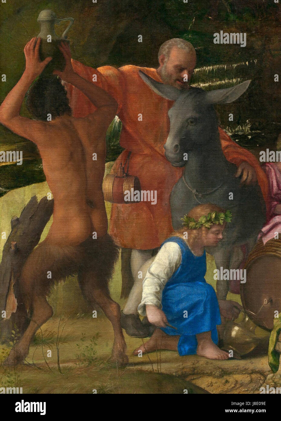 Ein Detail aus dem berühmten Gemälde „das fest der Götter“ von Giovanni Bellini und Tizian, das den griechischen Gott Silenus darstellt, eine Figur, die mit dionysischer Freude und Trunkenheit assoziiert ist. Das Kunstwerk repräsentiert mythologische Themen und die Kunst der venezianischen Renaissance. Stockfoto