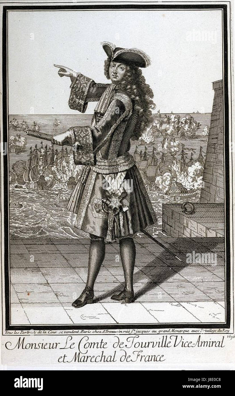 M le Comte de Tourville war ein französischer Marineoffizier, der den Rang eines Vizeadmiral und MarÃ de France erreichte. Tourville war bekannt für seine bedeutenden Beiträge zur französischen Marinestrategie und zu Siegen im späten 17. Und frühen 18. Jahrhundert und spielte eine Schlüsselrolle bei der Verteidigung und Expansion der französischen Seemacht. Stockfoto