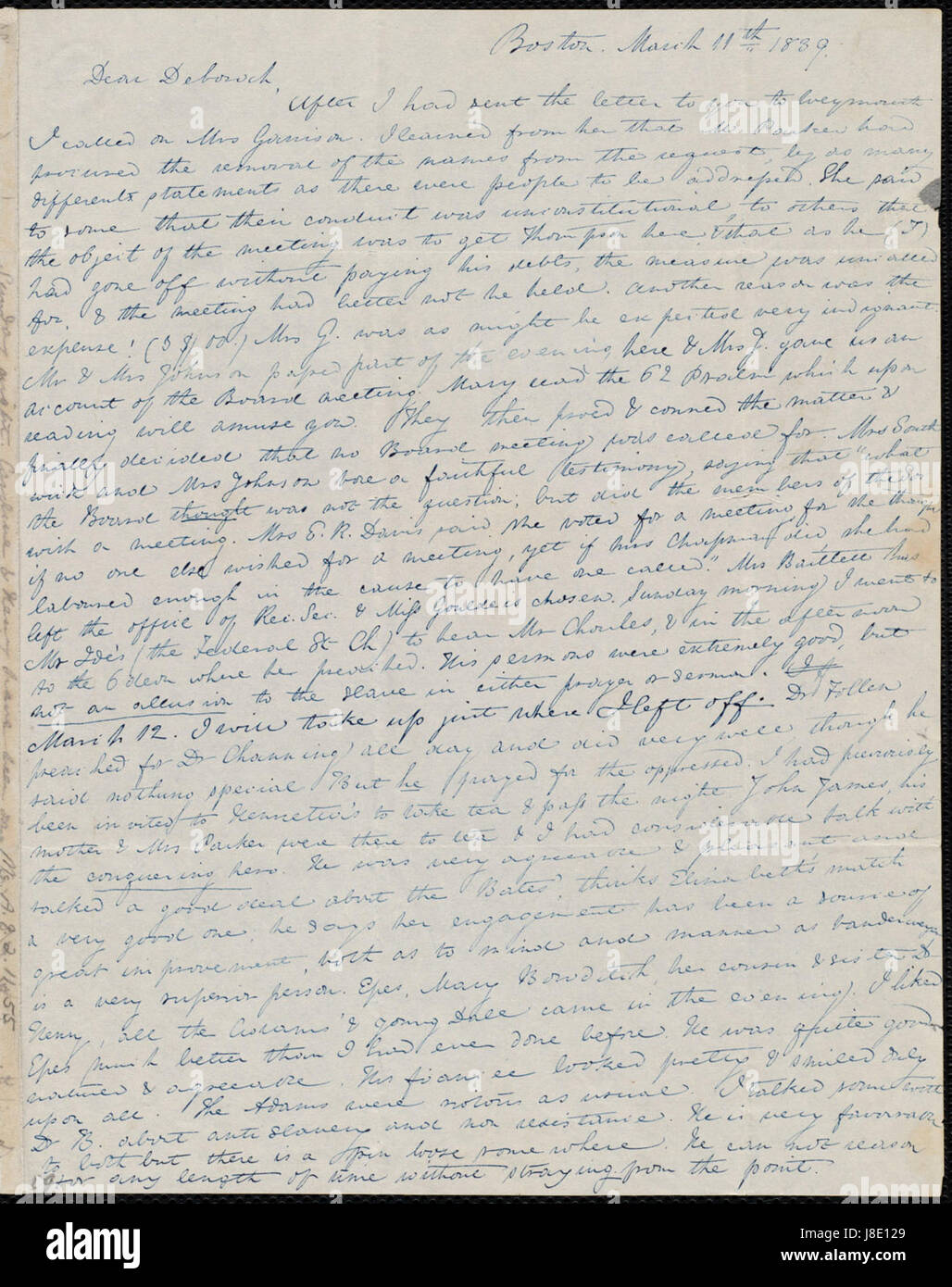 Dieser Brief vom 11. März 1839 ist Teil der Korrespondenz zwischen Anne Warren Weston und Deborah Weston. Es bietet historische Einblicke in die persönlichen Beziehungen und die Kommunikation der Zeit. Stockfoto