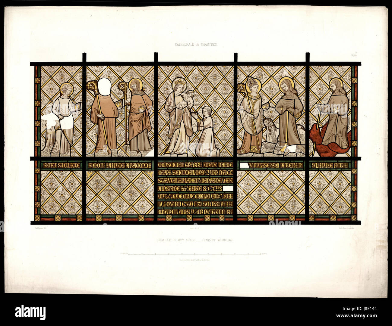 Monografie De La Cathedrale de Chartres Atlas Vitrail du Querschiff meridionale Grisaille Chromo lithographie Stockfoto