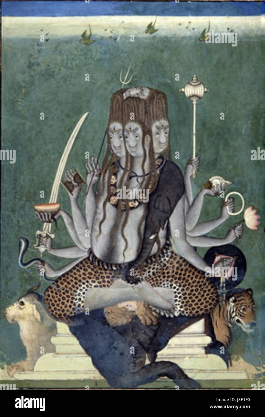 Der fünfköpfige Shiva ist eine Darstellung des hinduistischen Gottes Shiva, dargestellt mit fünf Köpfen. Diese Form symbolisiert die verschiedenen Aspekte von Shiva und repräsentiert seine Macht, Weisheit und spirituelle Bedeutung in der hinduistischen Mythologie. Stockfoto