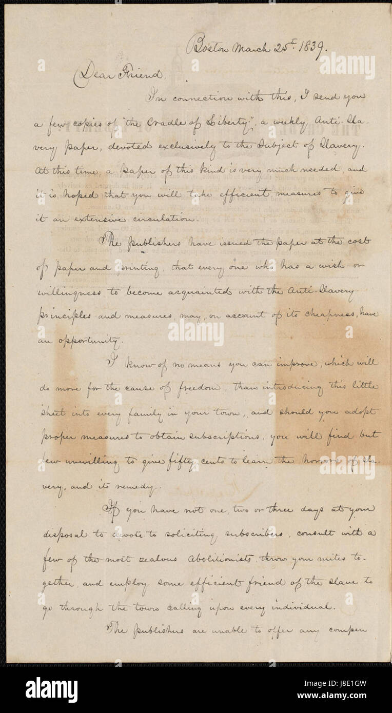 Dieser Brief von Caroline Weston vom 25. März 1839 wurde an einen unbekannten Empfänger geschickt. Es gibt wahrscheinlich Einblicke in die Kommunikation und persönliche Korrespondenz des 19. Jahrhunderts während dieser Zeit. Stockfoto