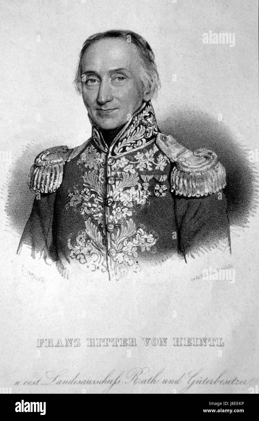 Eine Lithographie von Franz von Heintl, einem Künstler, der für seine Werke im 19. Jahrhundert bekannt ist. Die Lithografie veranschaulicht seine Meisterschaft in der Aufnahme detaillierter Szenen, wobei er sich wahrscheinlich auf den künstlerischen Stil der Zeit und die von ihm dargestellten Themen, möglicherweise historische oder kulturelle Figuren, konzentriert. Stockfoto