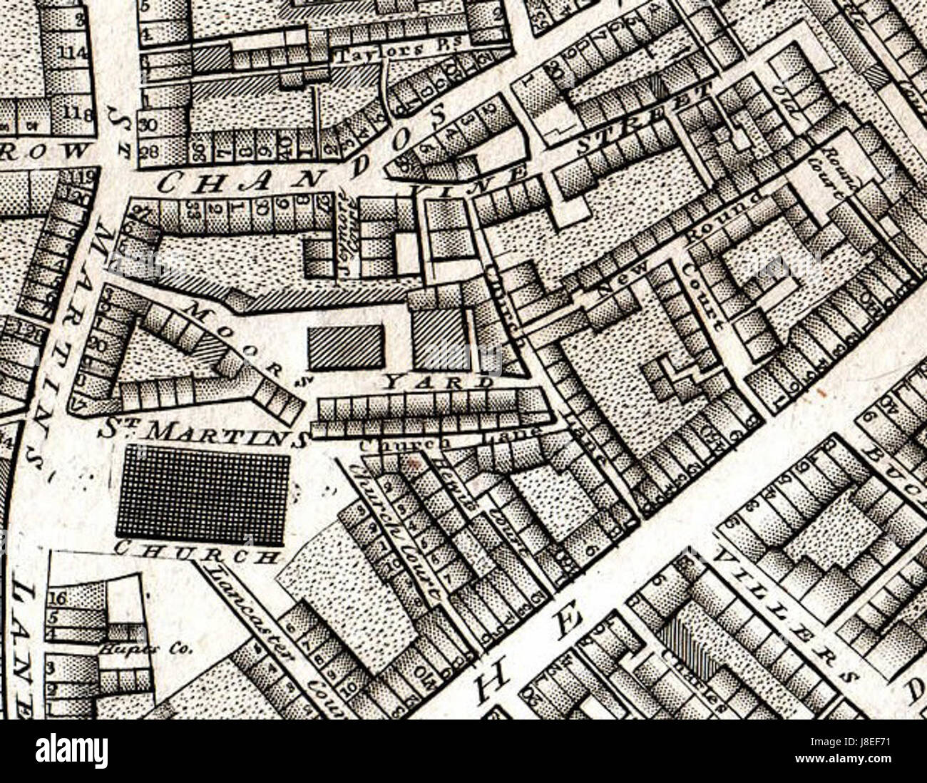 Die Horwood-Karte von 1799 zeigt das Gebiet von St. Martin's, Westminster, London und zeigt die städtische Landschaft und architektonische Besonderheiten des Viertels Ende des 18. Jahrhunderts. Stockfoto