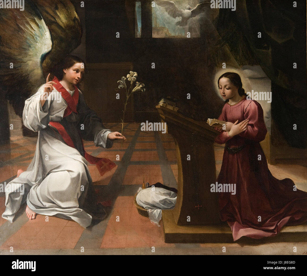 „Annunciazione“ von Ludovico Carracci zeigt die biblische Szene der Verkündigung und zeigt Carraccis Meisterschaft in der Kombination von Realismus und religiösen Themen während der Spätrenaissance. Stockfoto