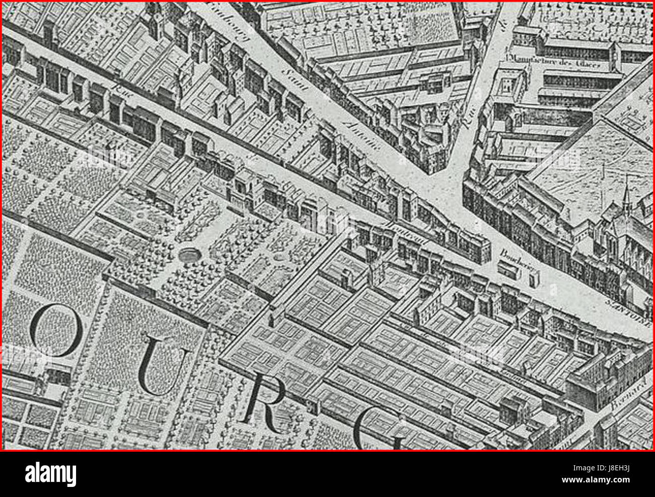 Dies ist eine historische Darstellung des Pariser Plans, der von Jacques-Germain Soufflot und Charles-Axel Guillaumot im 18. Jahrhundert gezeichnet wurde und für seine Detailgenauigkeit und Genauigkeit bei der Darstellung der städtischen Landschaft von Paris bekannt ist. Stockfoto