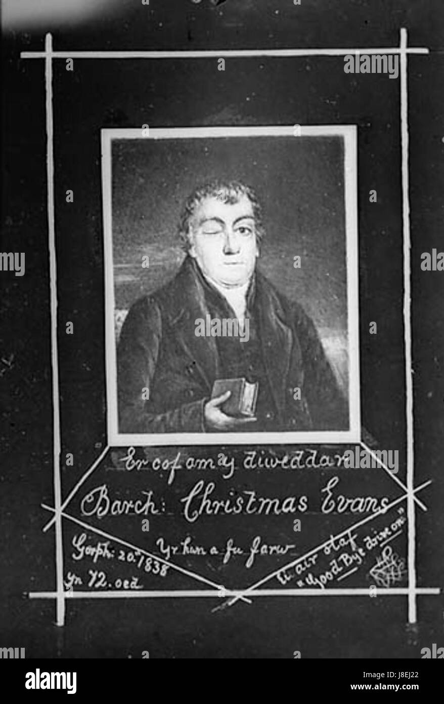 Dieser walisische Titel bedeutet „in Erinnerung an den späten Reverend Christmas Evans“, einen prominenten walisischen Prediger und religiöse Figur aus dem 18. Jahrhundert. Stockfoto