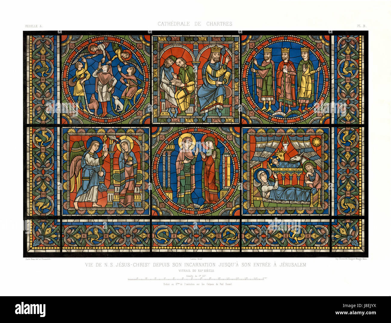 Diese restaurierte Version der „Feuille A Monografie“ verfügt über detaillierte Buntglasfenster aus der Kathedrale von Chartres, die wichtige Szenen aus dem Leben Jesu Christi darstellen, wie sie in mittelalterlicher Glaskunst dargestellt werden. Stockfoto