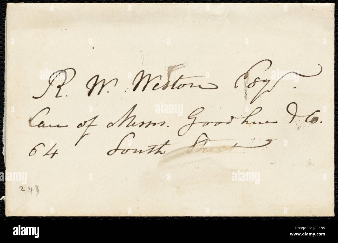 Diese Referenz bezieht sich wahrscheinlich auf einen Brief oder eine Korrespondenz von R. W. Weston aus dem Jahr 1838 an einen unbekannten Empfänger. Der Brief gibt einen Einblick in die Kommunikationspraktiken und die historische Korrespondenz des 19. Jahrhunderts. Stockfoto