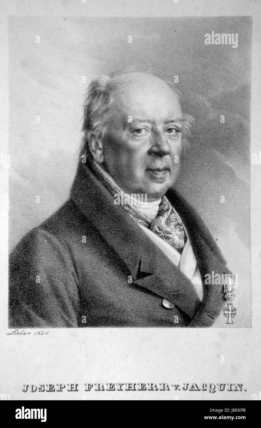 Josef Franz von Jacquin war ein österreichischer Botaniker und Chemiker. Seine Lithografien, wie sie im späten 18. Jahrhundert entstanden sind, zeigten oft botanische Illustrationen und wissenschaftliche Studien. Stockfoto