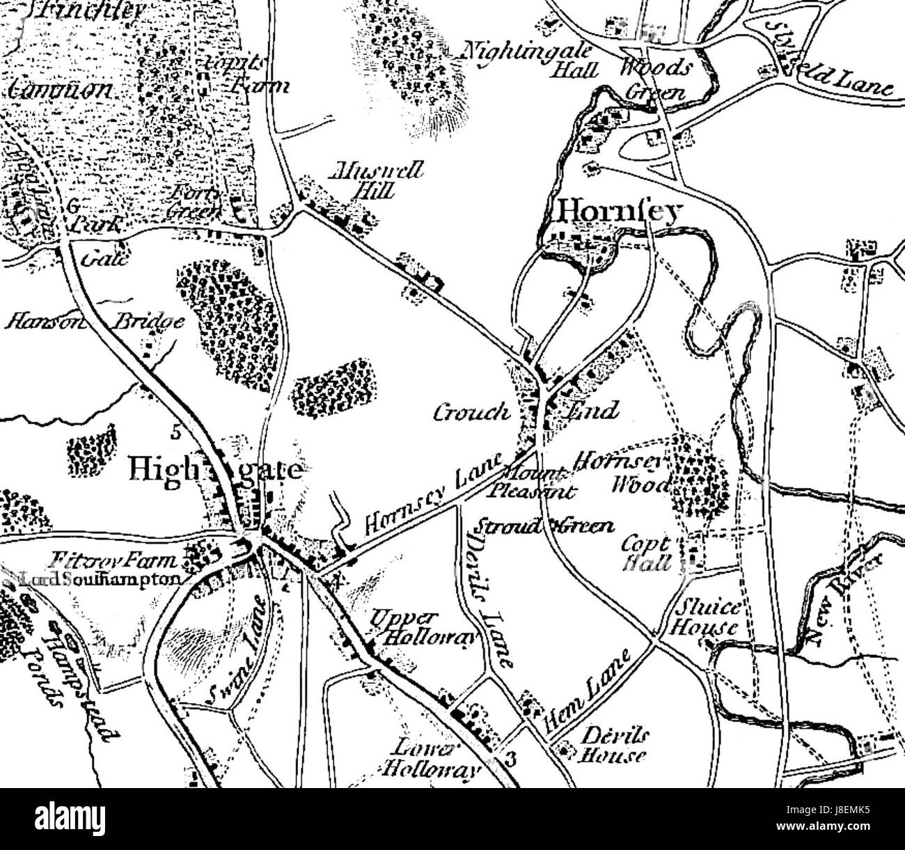 Diese Karte aus dem Jahr 1786 zeigt das Gebiet von Stroud Green in London. Es bietet einen detaillierten Einblick in die lokale Geographie, Straßen und Stadtplanung während des späten 18. Jahrhunderts und zeigt, wie das Gebiet vor der modernen Entwicklung strukturiert wurde. Stockfoto