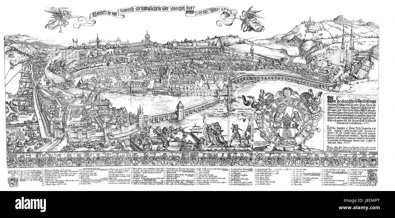 Martiniplan Luzern bezieht sich auf eine bestimmte historische Karte oder einen Plan von Luzern (Schweiz), die Details über die Stadtplanung oder -Entwicklung zu einem bestimmten Zeitraum enthält. Stockfoto